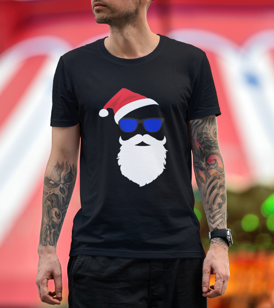 Hipster Santa Claus with Red Hat and Blue Sunglasses Beard T-Shirt