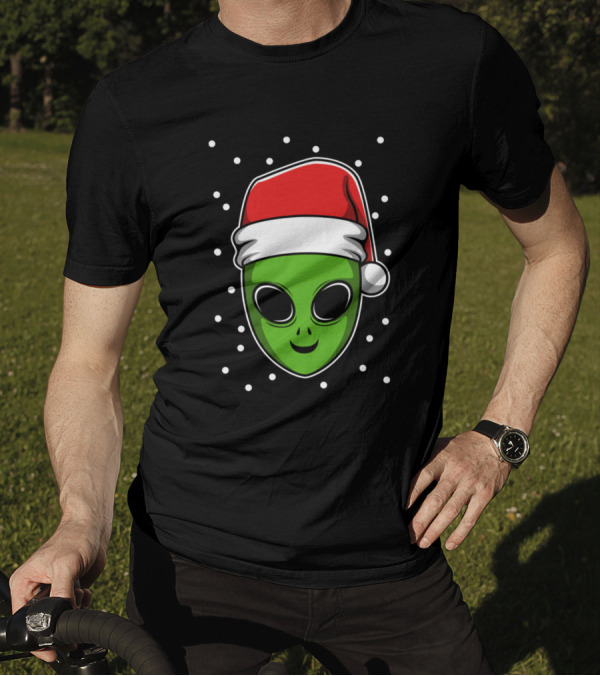 Santa Hat Alien Face Surrounded By Snowdots T-Shirt