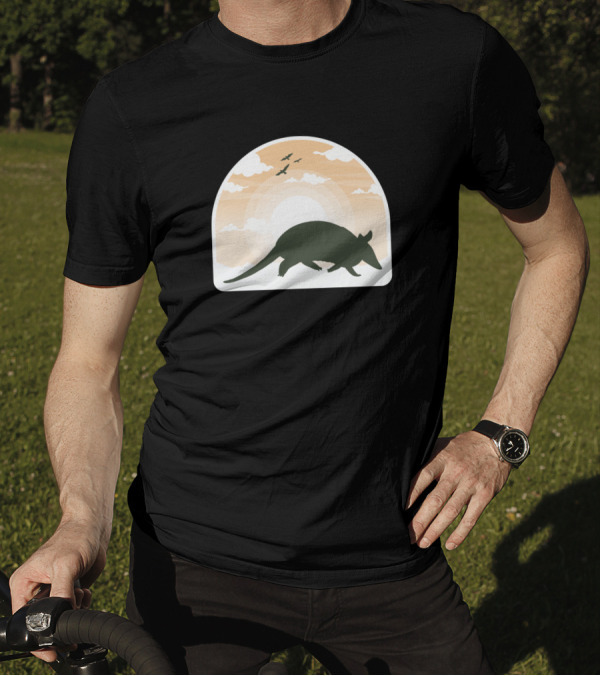 Pangolin Armadillo Silhouette In Sunset Sky With Birds T-Shirt