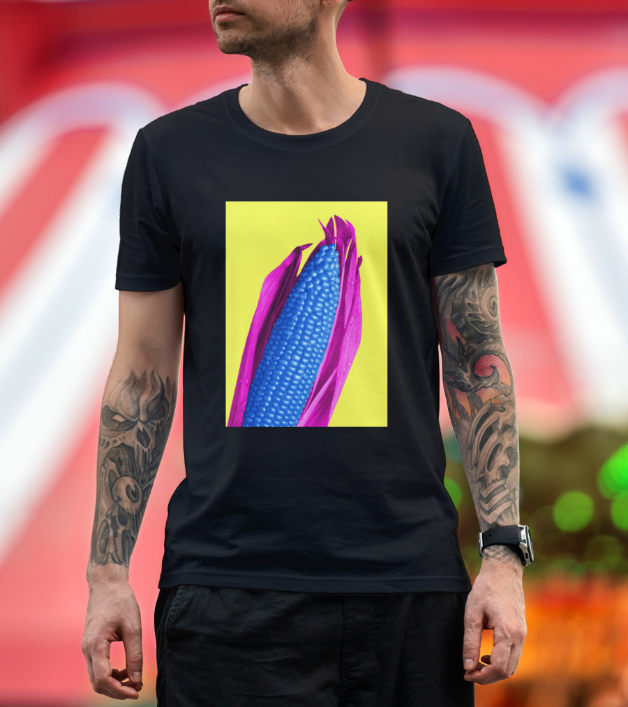 Corn Blue Kernels Pink Husks Yellow Background T-Shirt