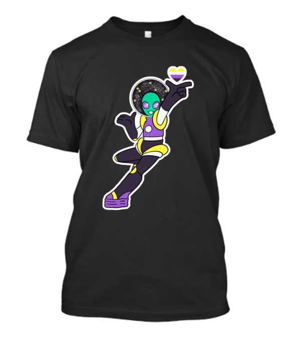 Nonbinary Alien Holding Space Heart With Starry Background T-Shirt