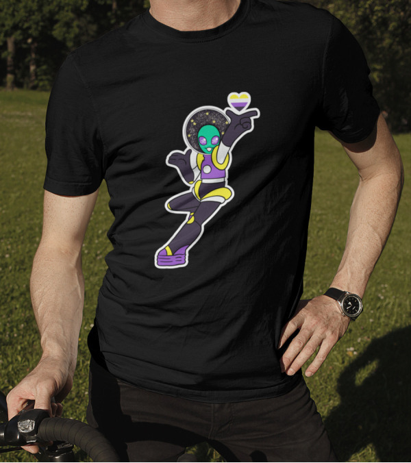 Nonbinary Alien Holding Space Heart With Starry Background T-Shirt