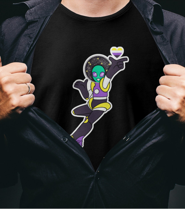 Nonbinary Alien Holding Space Heart With Starry Background T-Shirt