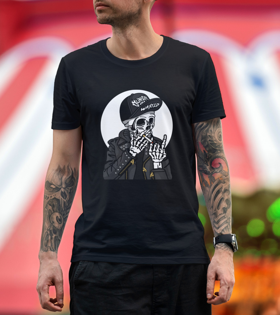 Wasted Skull Punk Smoking Skeleton in Rocker Leather Jacket with Monster Design Cap T-Shirt