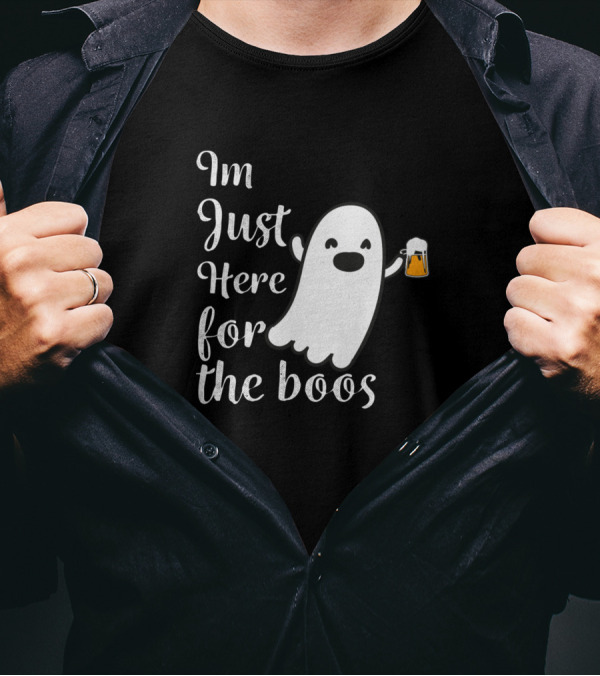 Im Just Here For The Boos Cute Ghost Holding Beer Halloween Drink Scary T-Shirt