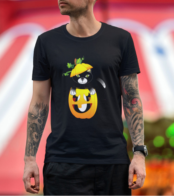 Premium T-Shirt: Cats Happy Halloween Kitty In Jack O Lantern Pumpkin Hat Green Vines T-Shirt Cats Happy Halloween Kitty In Jack O Lantern Pumpkin Hat Green Vines T-Shirt