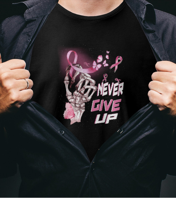Never Give Up Skeleton Bones Pink Ribbon Butterfly T-Shirt