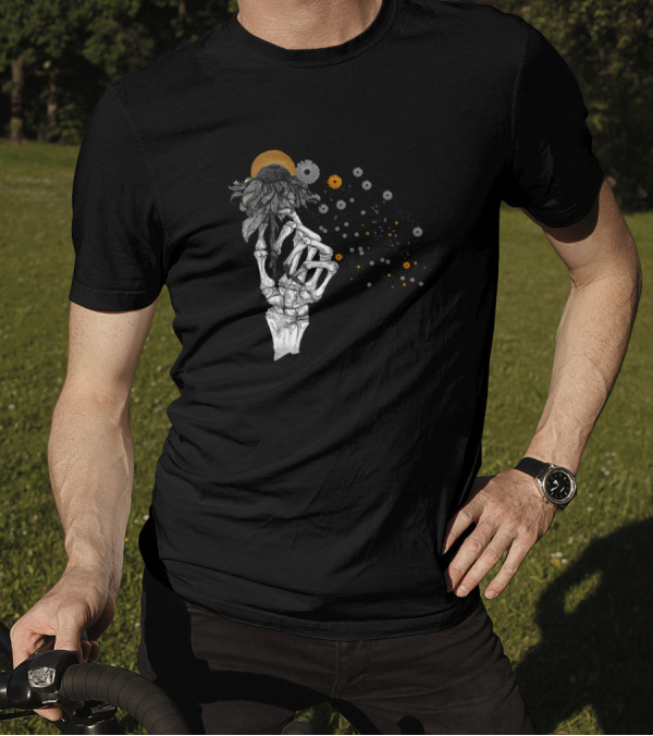 Skull You Are Not Alone Fun Bones Undead Skeleton Hand With Flower And Sunburst T-Shirt