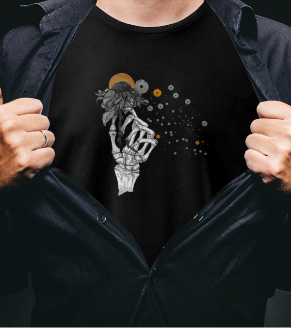 Skull You Are Not Alone Fun Bones Undead Skeleton Hand With Flower And Sunburst T-Shirt