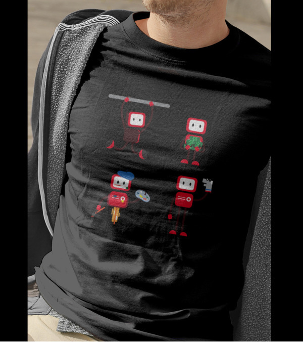 Various Robots Hanging Climbing Painting Holding T-Shirt