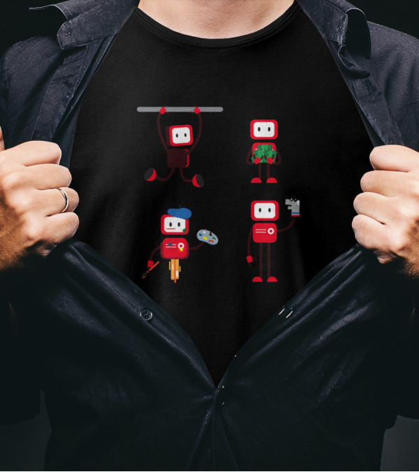 Various Robots Hanging Climbing Painting Holding T-Shirt