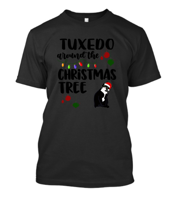 Tuxedo Around The Christmas Tree With Festive Lights And Santa Cat T-Shirt