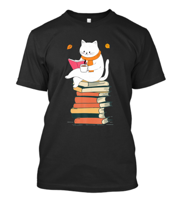 Cats Funny Books Cats Reading Cat Lover With Coffee And Autumn Leaves T-Shirt