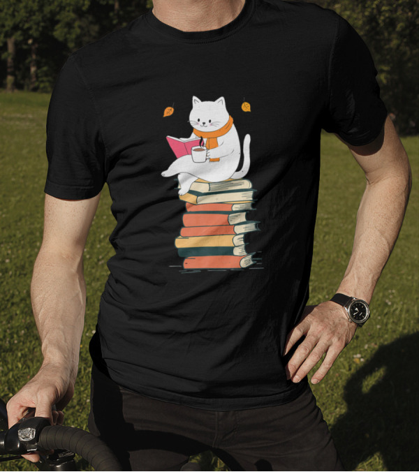 Cats Funny Books Cats Reading Cat Lover With Coffee And Autumn Leaves T-Shirt