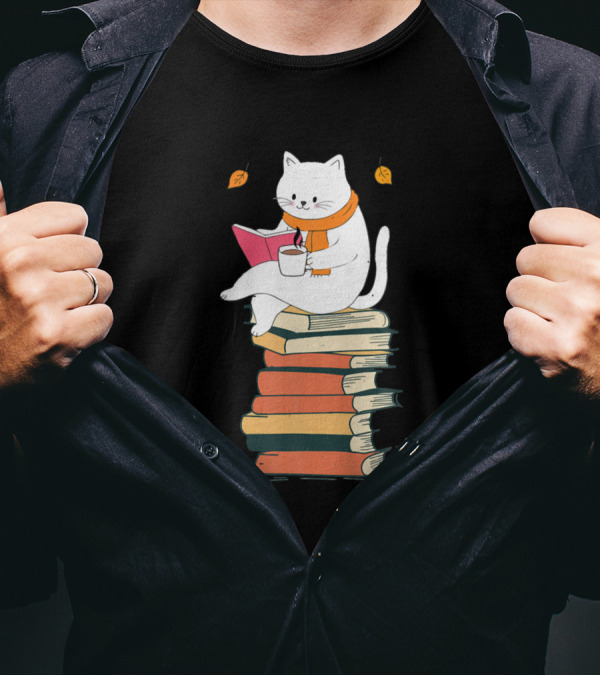 Cats Funny Books Cats Reading Cat Lover With Coffee And Autumn Leaves T-Shirt