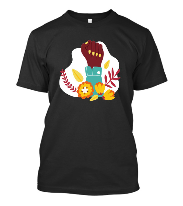 Power Girl Afro Fist Raised Surrounded By Flowers T-Shirt