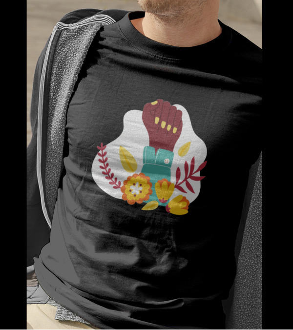 Power Girl Afro Fist Raised Surrounded By Flowers T-Shirt