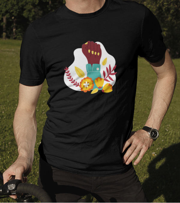 Power Girl Afro Fist Raised Surrounded By Flowers T-Shirt