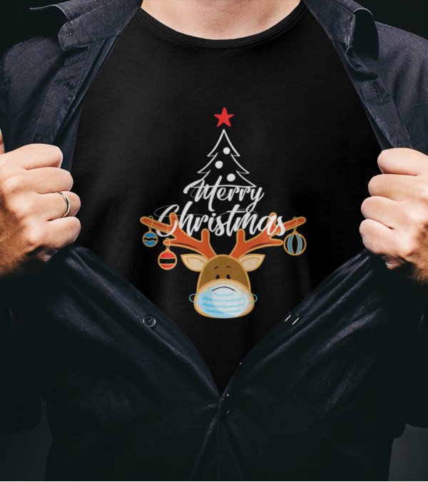 Reindeer In Mask Merry Christmas Tree Light T-Shirt