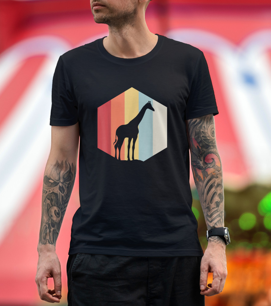 Retro Vintage Giraffe Silhouette on Colorful Striped Hexagon Background T-Shirt