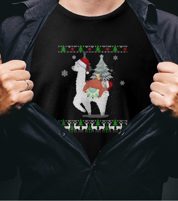 Festive Llama And Sloth With Beer And Christmas Sweaters T-Shirt