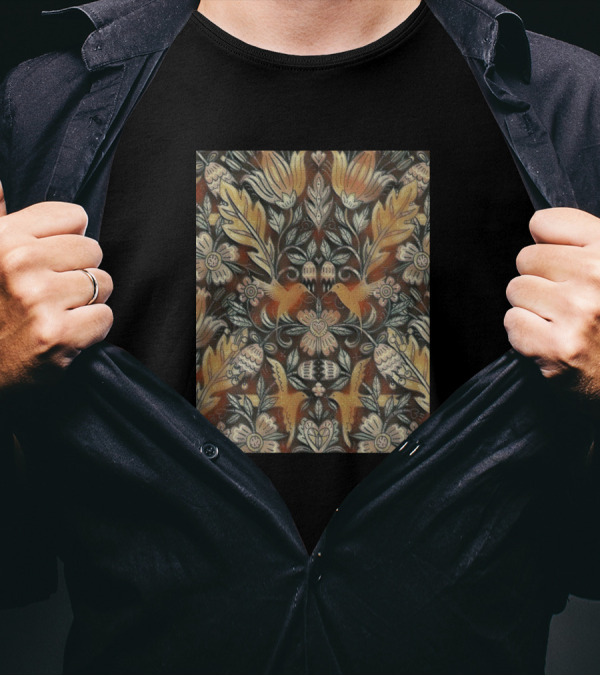 Birds With Tapestry Effect Floral Pattern Symmetry T-Shirt
