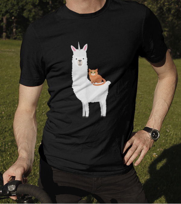 Cat Riding Llamacorn Funny Idea Llama Unicorn Desi T-Shirt