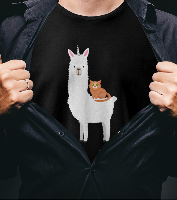 Cat Riding Llamacorn Funny Idea Llama Unicorn Desi T-Shirt