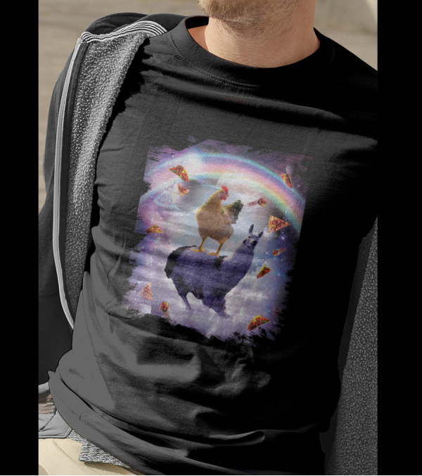Chicken And Llama Adventure Through Space Rainbow With Pizza Slices T-Shirt