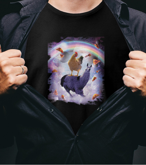 Chicken And Llama Adventure Through Space Rainbow With Pizza Slices T-Shirt