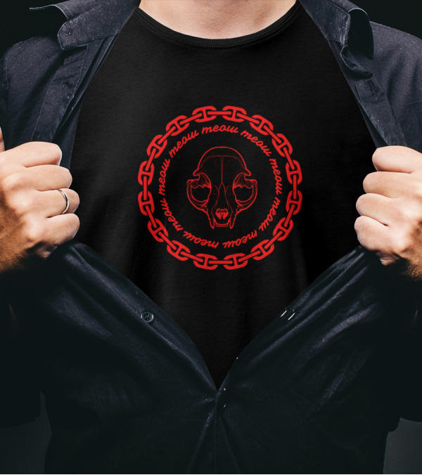Meow Meow Meow Red Chain Cat Skull T-Shirt
