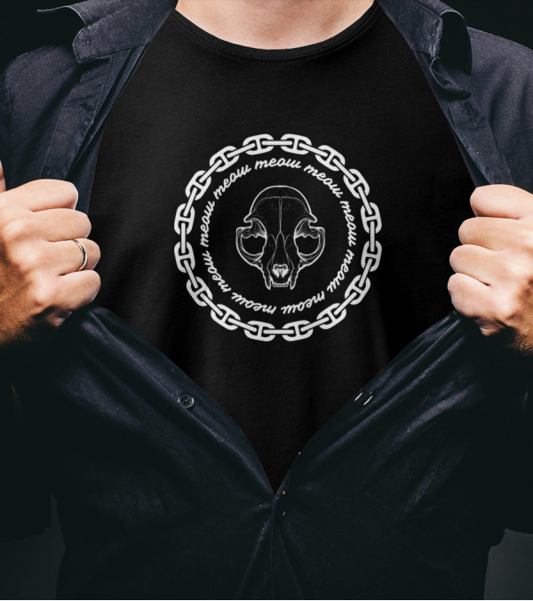 Meow Meow Meow Cat Skull Chain Circle White T-Shirt