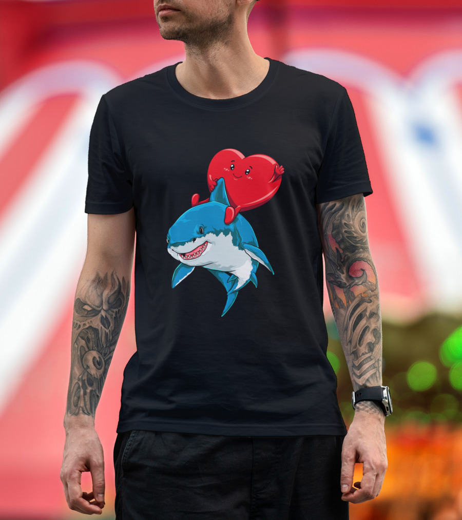 Valentines Day Heart Riding Shark Lovers T-Shirt