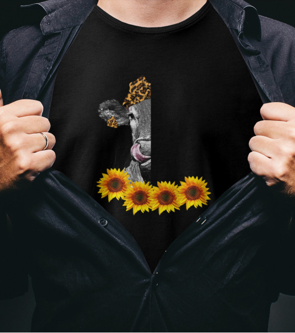 If My Mouth Doesn't Say It My Face Definitely Will Cow Sunflowers Leopard Print T-Shirt