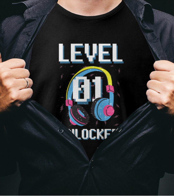 Level 01 Unlocked Retro Gaming Birthday Headphones T-Shirt