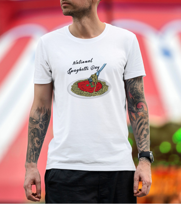 Premium T-Shirt: National Spaghetti Day Pasta Plate with Fork and Sauce T-Shirt National Spaghetti Day Pasta Plate with Fork and Sauce T-Shirt