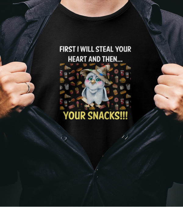 First I Will Steal Your Heart And Then Your Snacks Owl Eating Junk Food T-Shirt