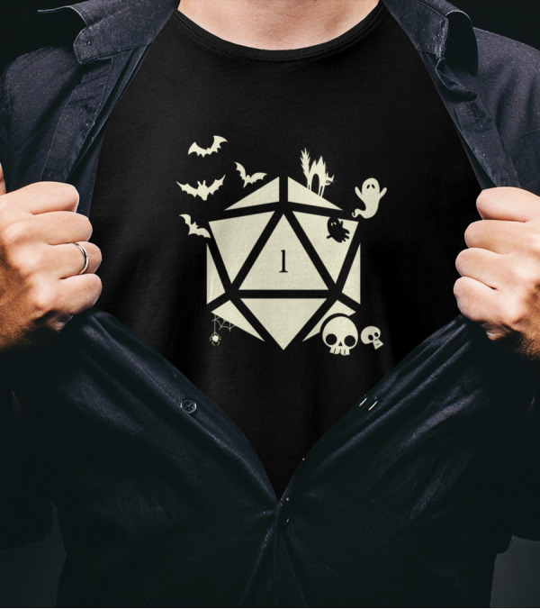 Spooky Polyhedral D20 Dice Critical Fail With Bats Ghost And Skulls T-Shirt