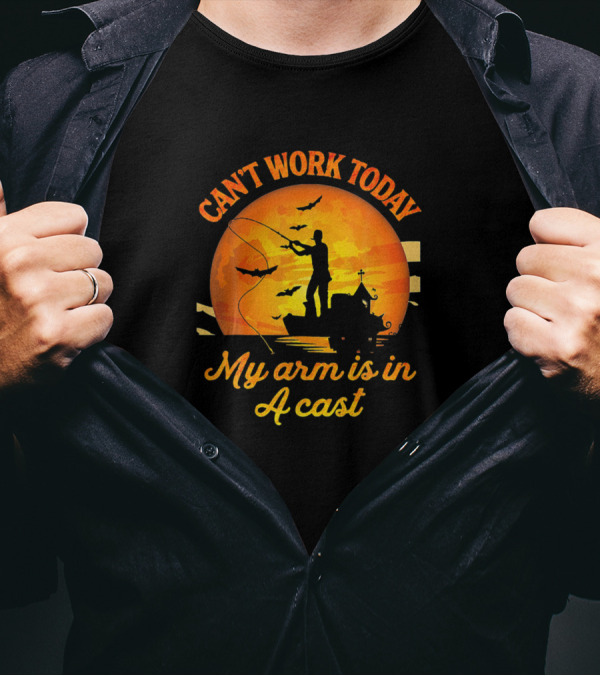 Can't Work Today My Arm Is In A Cast Fishing Silhouette Against Sunset T-Shirt