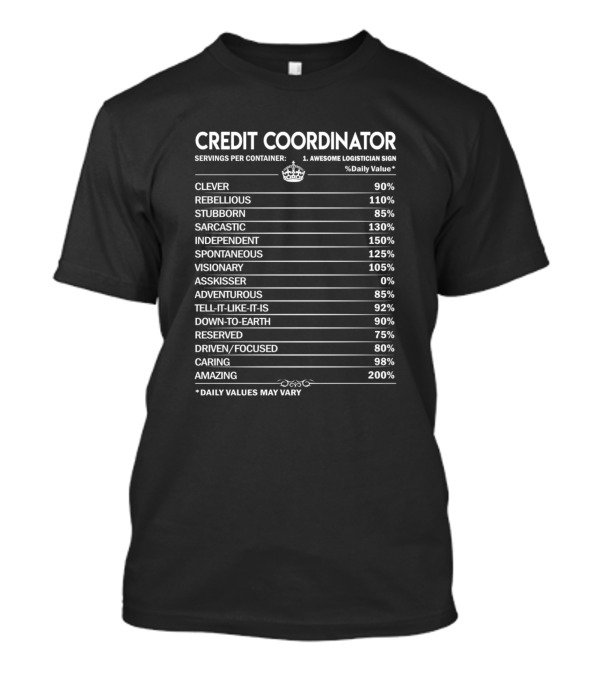 Credit Coordinator Nutritional Facts Clever Rebellious Sarcastic Independent Spontaneous T-Shirt