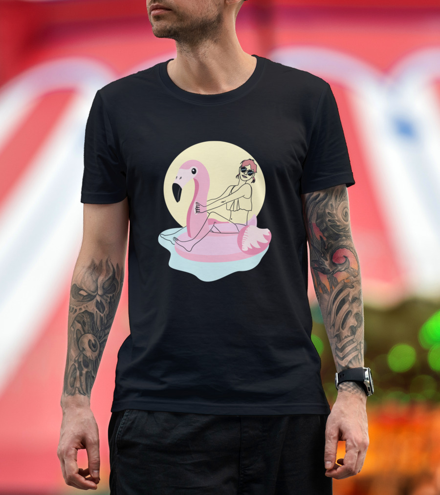 Flamingo Inflatable Pool Float with Person in Sunglasses and Hat T-Shirt