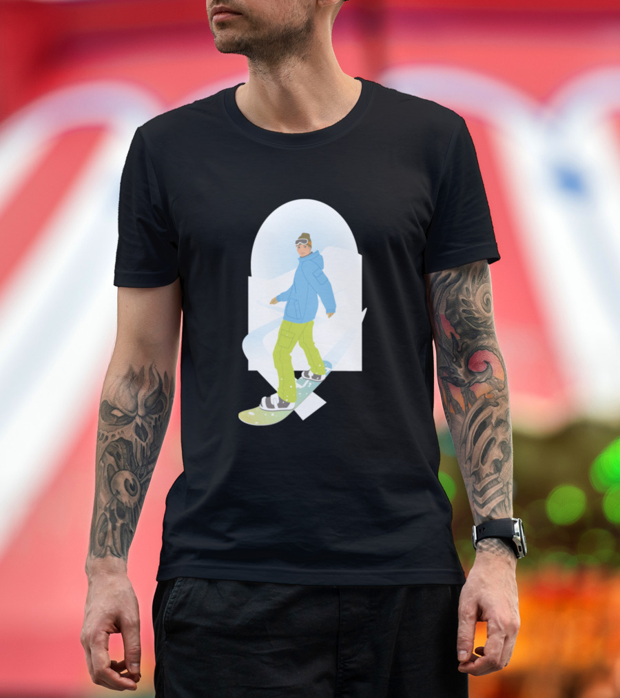 Snowboarder in Winter Scene with Blue Jacket and Yellow Pants T-Shirt