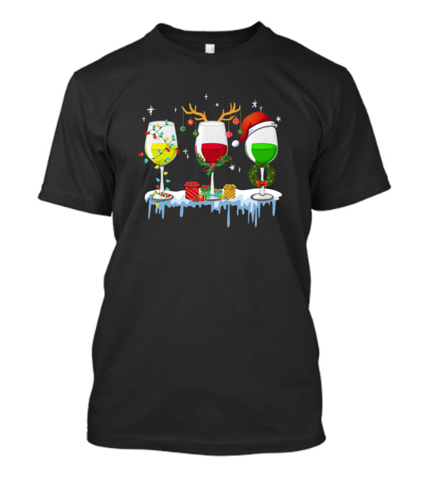 Wine Lover Holiday Three Glasses With Lights Reindeer Santa Hat T-Shirt
