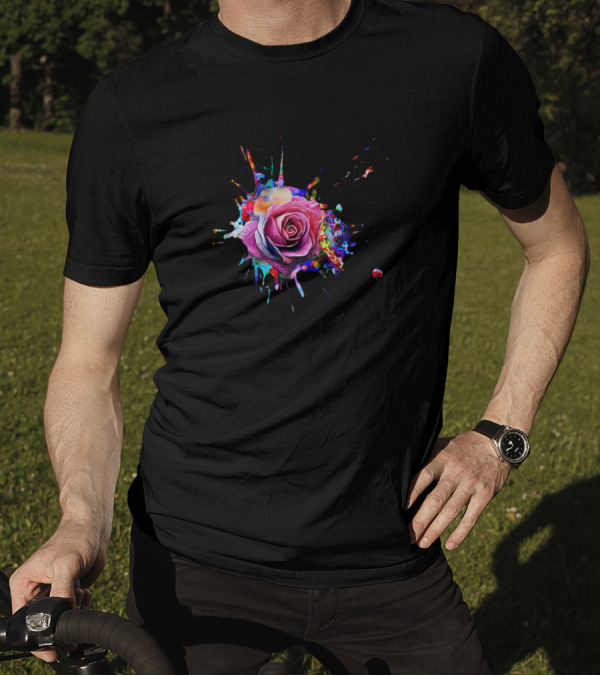 Beautiful Pink Rose With Vivid Color Splash Elements T-Shirt