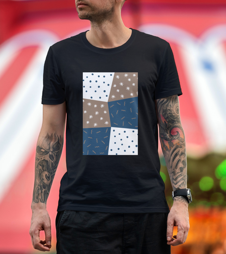 Doodle Pattern Blocks Polka Dots and Stars in Blue and Brown T-Shirt