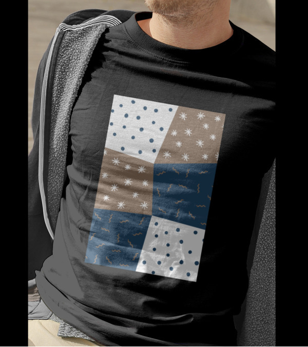 Doodle Pattern Blocks Polka Dots And Stars In Blue And Brown T-Shirt