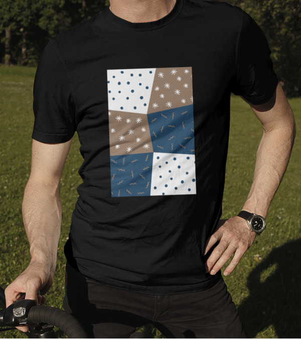 Doodle Pattern Blocks Polka Dots And Stars In Blue And Brown T-Shirt