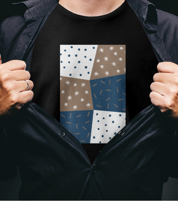 Doodle Pattern Blocks Polka Dots And Stars In Blue And Brown T-Shirt
