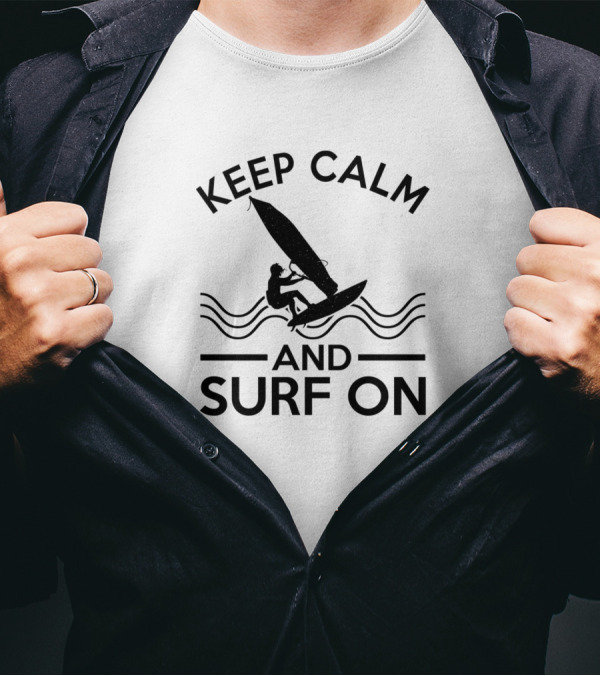 Keep Calm And Surf On Windsurfer Silhouette Ocean Waves T-Shirt
