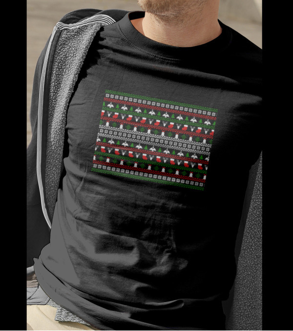 UglyChristmas Sweater Pattern Snowflakes Trees Red Green Black White T-Shirt